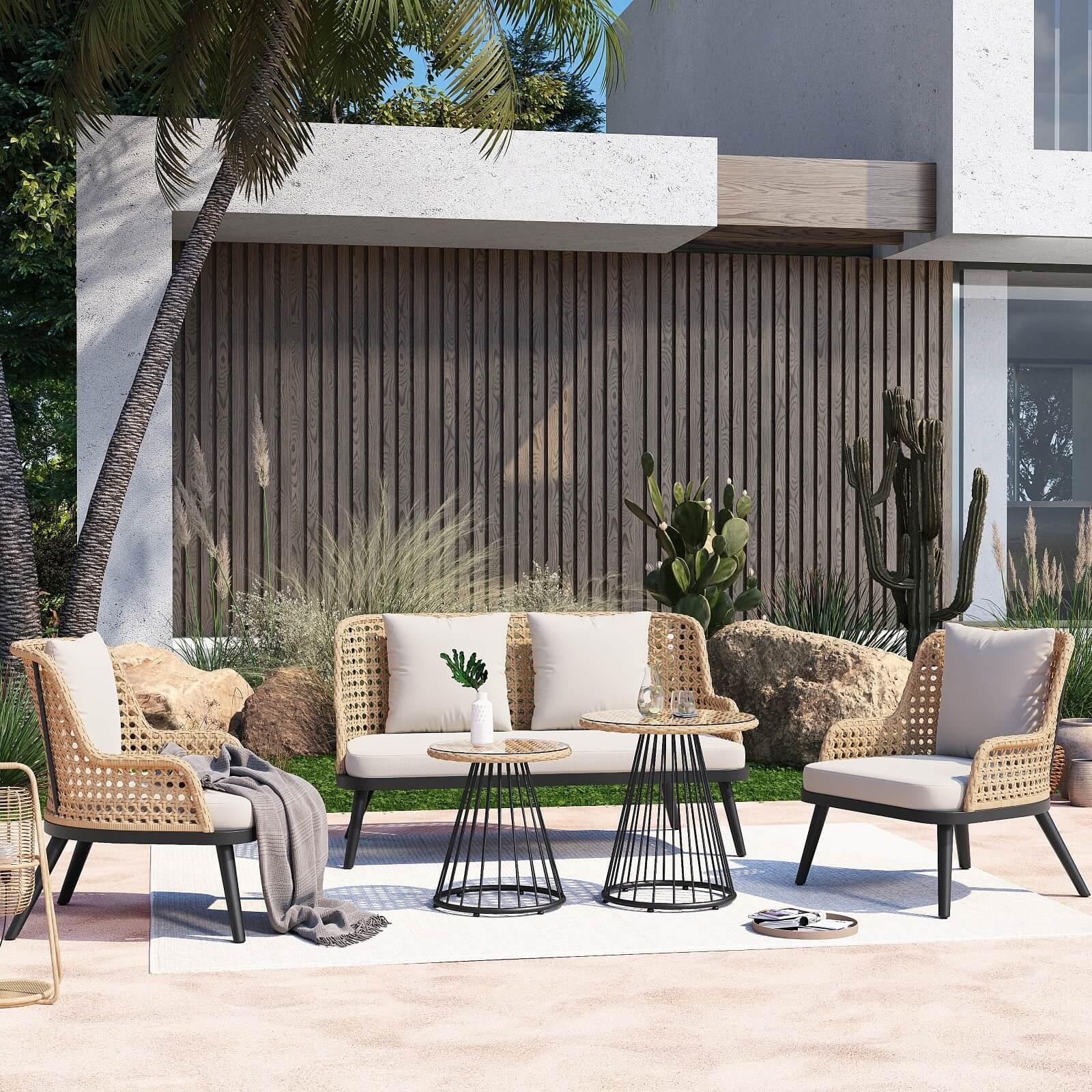 Menorca Modern Wicker Outdoor Furniture with steel frame, 5-Piece patio conversation set, 1 loveseat, 2 chairs, 2 tables- Jardina Furniture