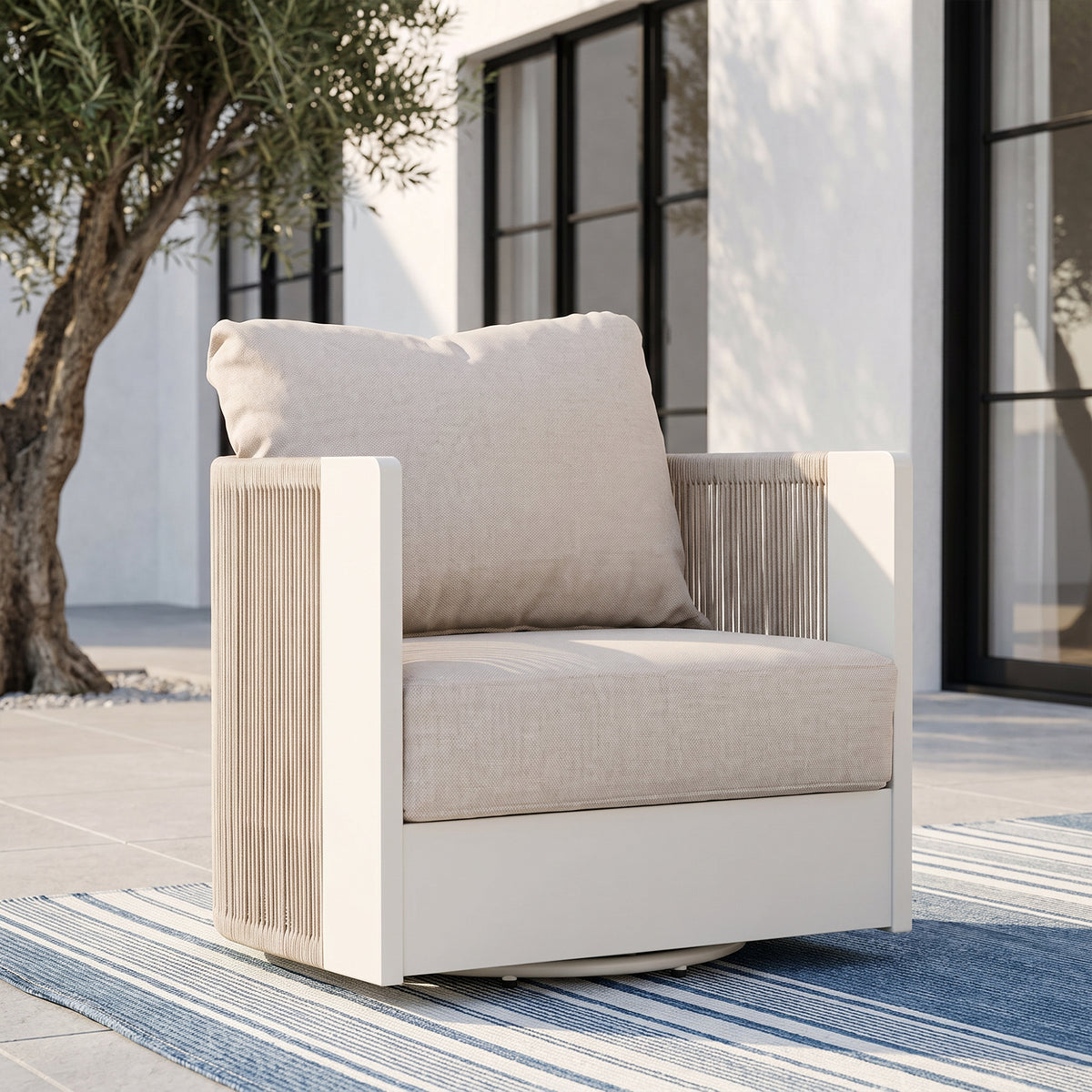 Irati Aluminum Outdoor Swivel Chair, Hand-Woven Rope, Olefin Cushions, 360° Swivel, Oyster White