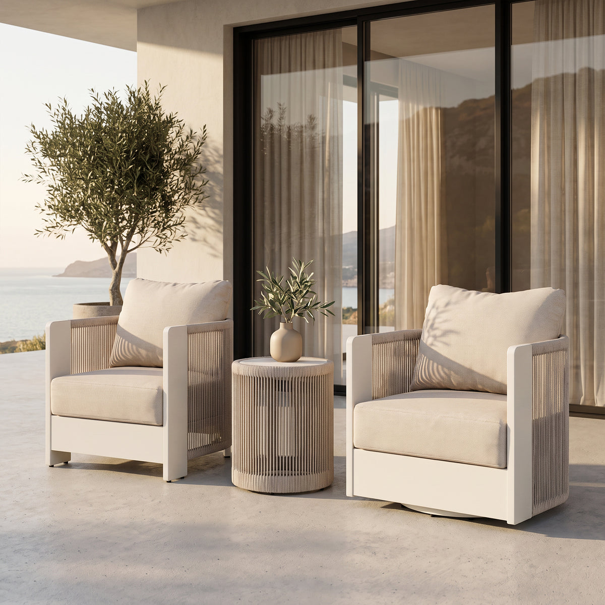 Irati 3-Piece Rope Rattan Aluminum Outdoor Conversation Set, Olefin Cushions, Oyster White