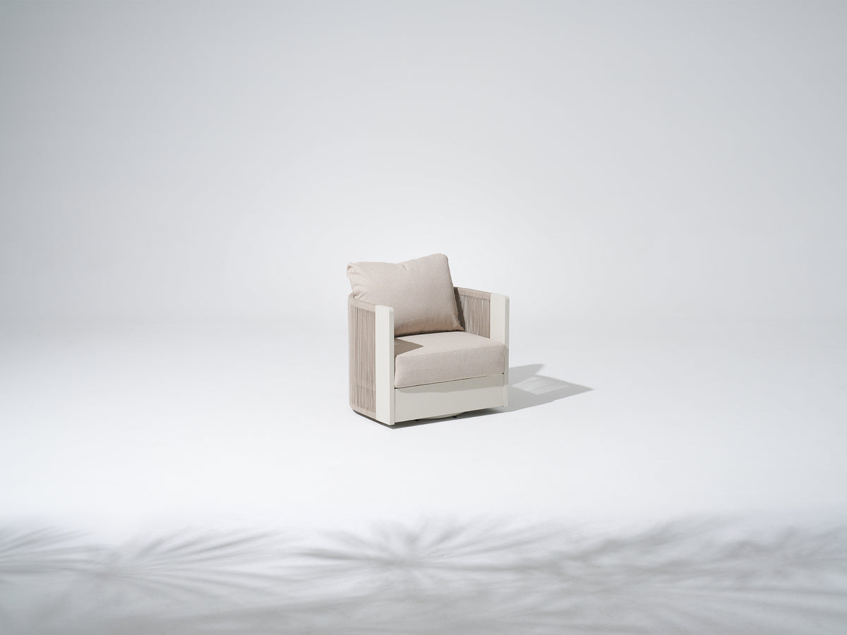 Irati Aluminum Outdoor Swivel Chair, Hand-Woven Rope, Olefin Cushions, 360° Swivel, Oyster White