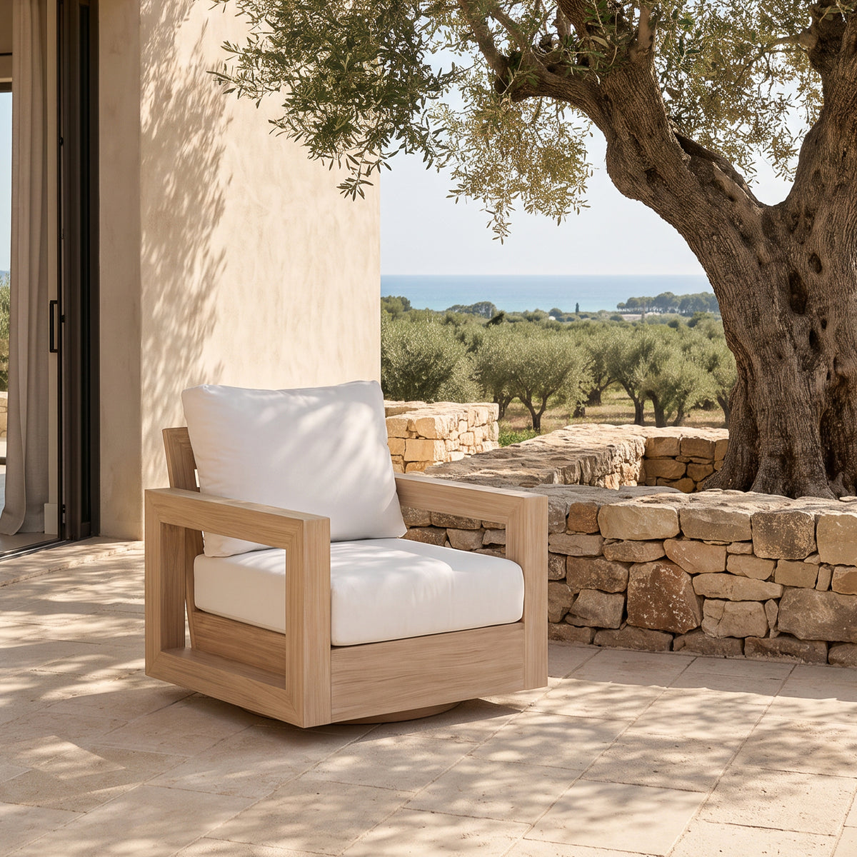 Vela 3-Piece Outdoor Swivel Chairs with Side Table, Wood-Look Aluminum Frame, Sunbrella® Cushions