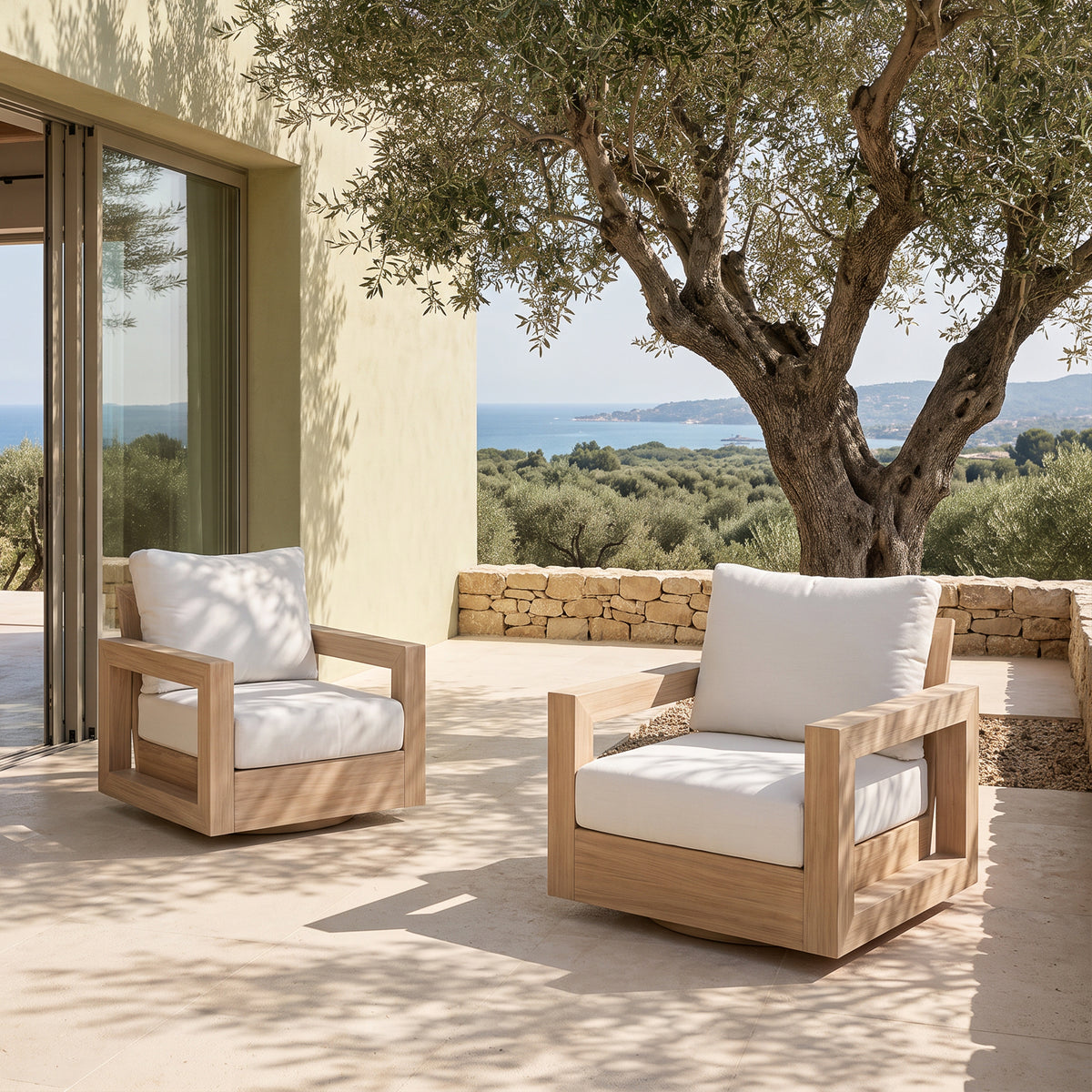 Vela 3-Piece Outdoor Swivel Chairs with Side Table, Wood-Look Aluminum Frame, Sunbrella® Cushions