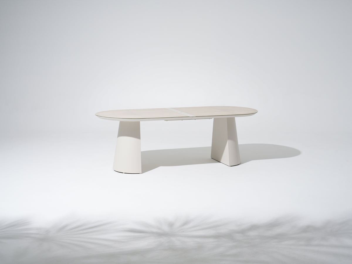 Sova Aluminum Outdoor Dining Table For 6 with Umbrella Hole, Tempered Glass Tabletop, Oyster White