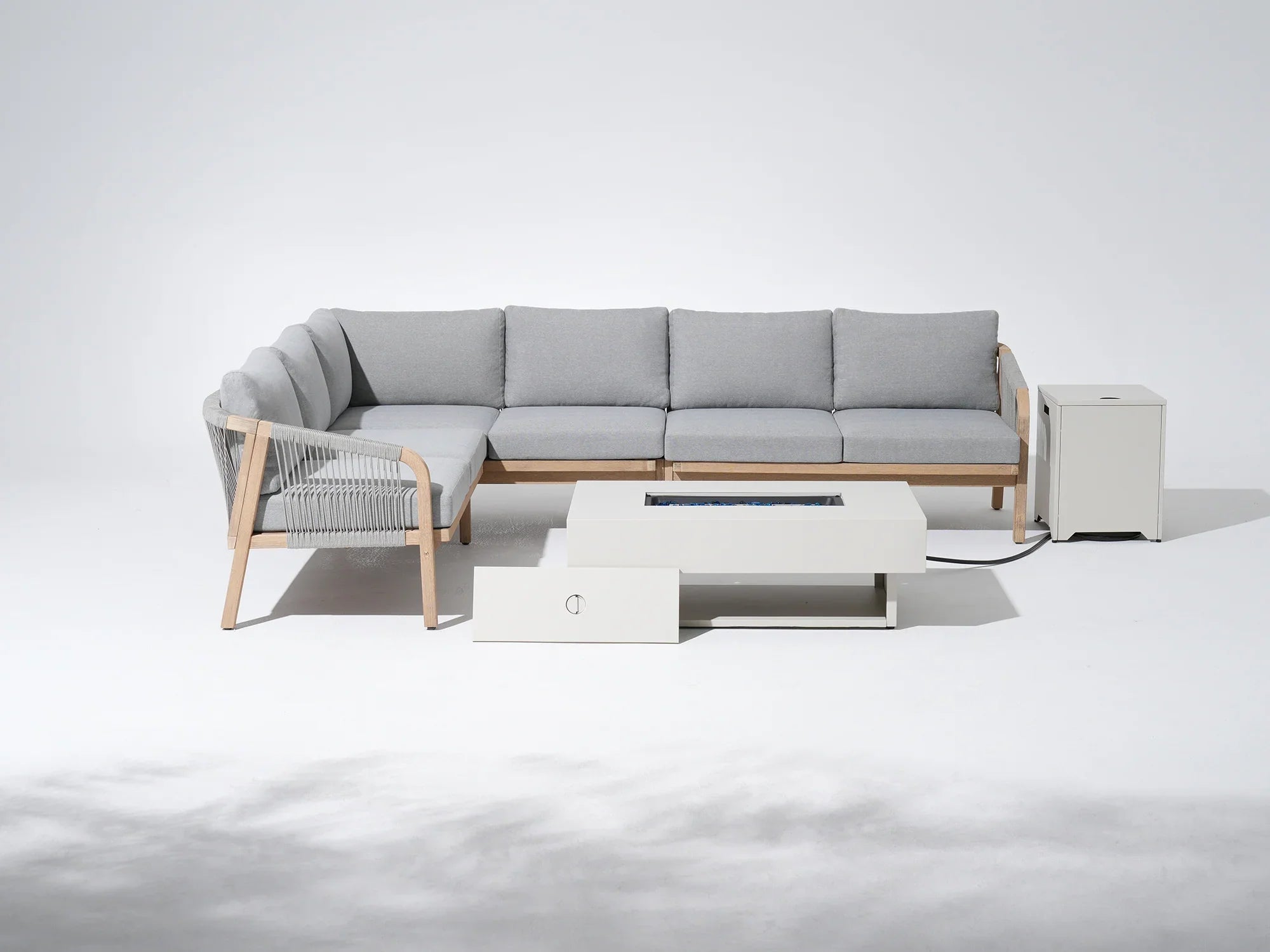 Thalea Textured Wooden L-shaped Sectional Set with Fire Pit, Rope Desi