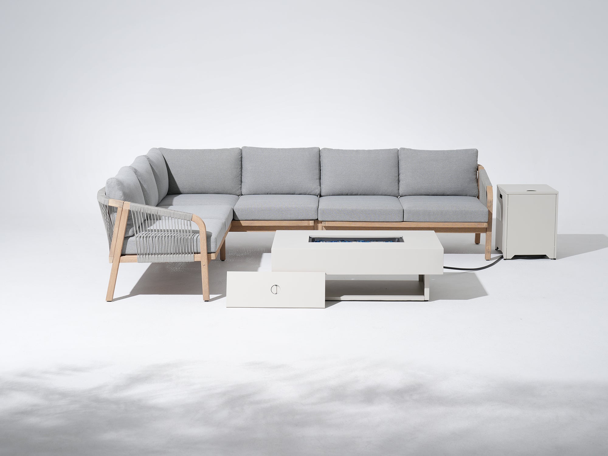 Thalea Wooden L-shaped Sectional Set with Fire Pit, Rope Design