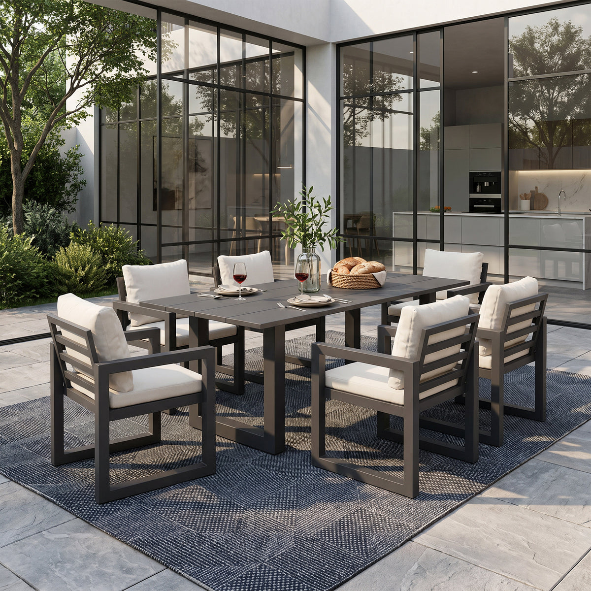 Vela Aluminum 6-8 Seats Outdoor Dining Set, Charcoal Frame & Olefin Cushions, 82.7"