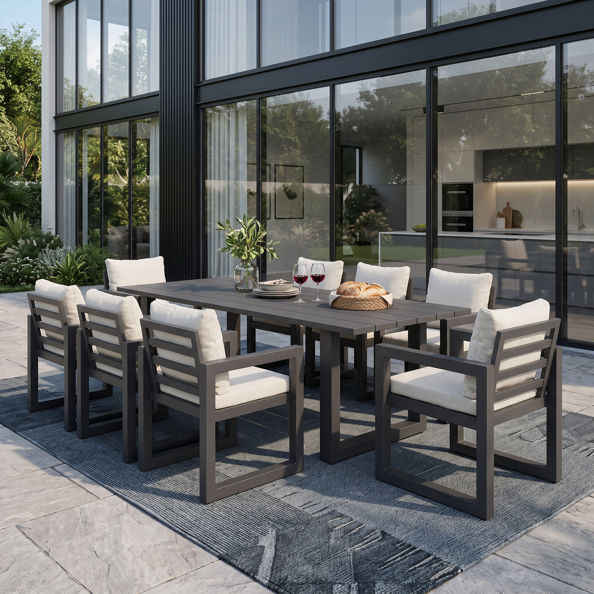 Vela Aluminum 6-8 Seats Outdoor Dining Set, Charcoal Frame & Olefin Cushions, 82.7"