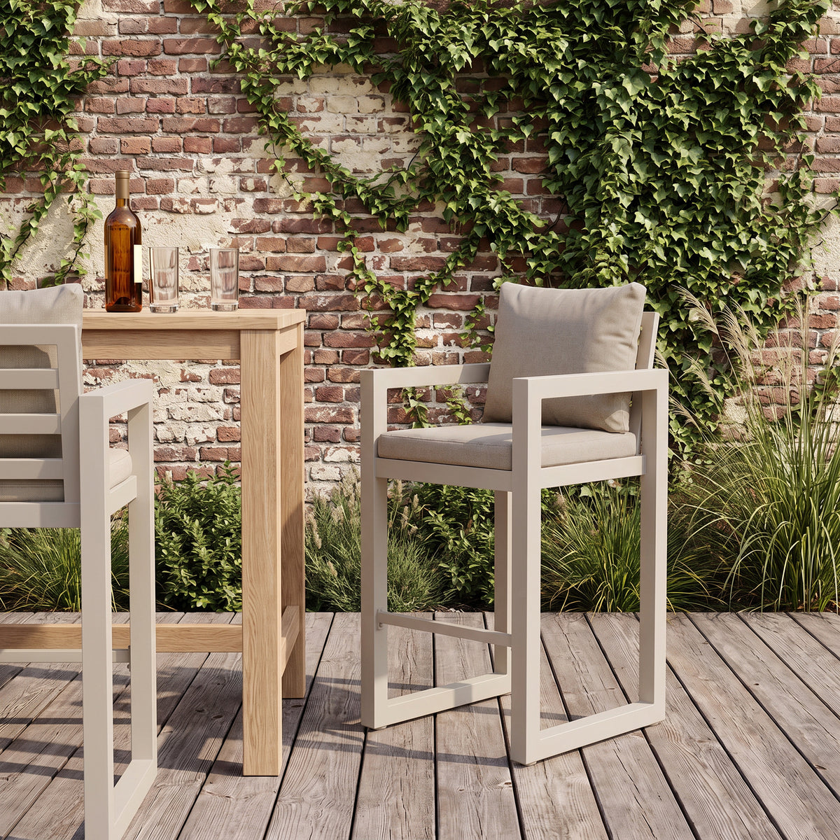 Vela Outdoor Bar-Height Aluminum Stool, Oyster White, 43.3" Set of 2/4/6