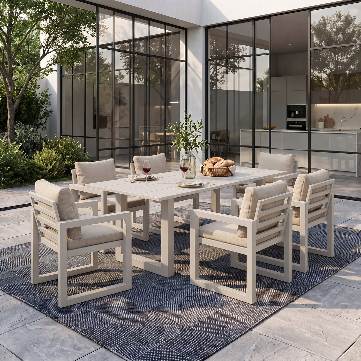 Vela 6-8 Seats Outdoor Dining Set, Aluminum Frame & Olefin Cushions, Light Beige, 82.7"