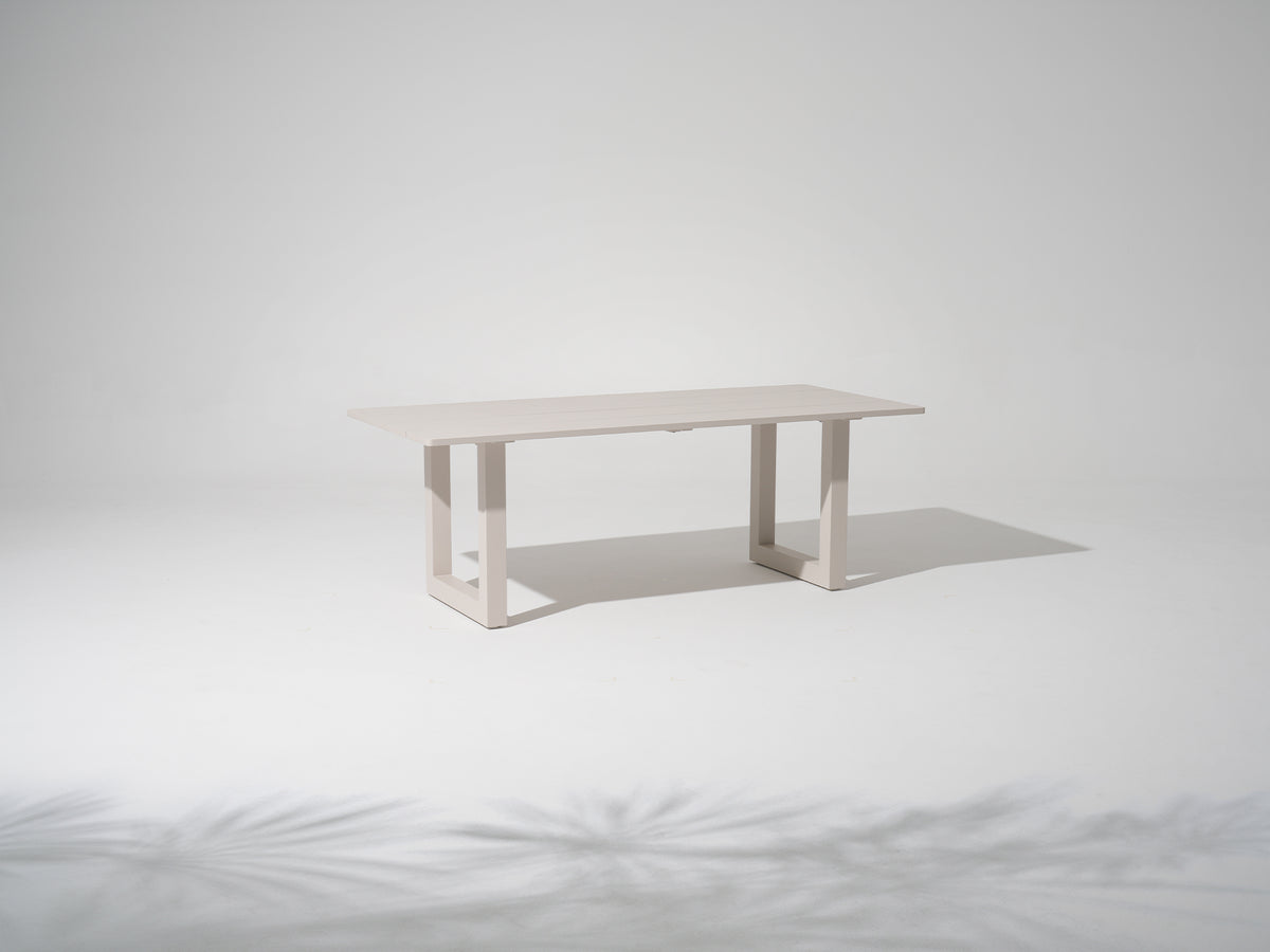 Vela Aluminum Outdoor Dining Table, Rectangular Slatted Top, Light Beige, Seats 6–8, 82.7"