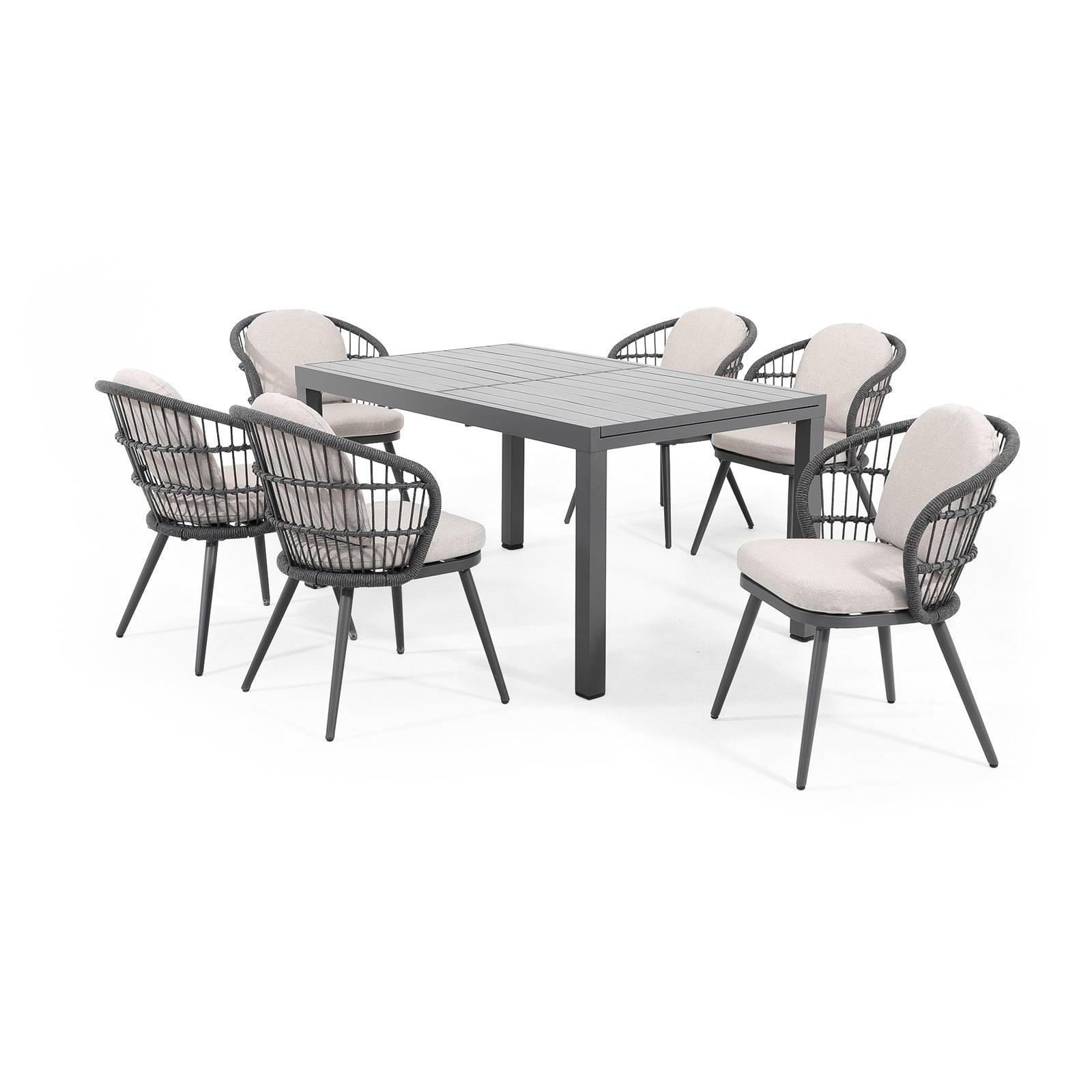 Comino dark grey aluminum outdoor Dining Set for 6 with light grey cushions, 6 dining seats with backrest rope design, 1 extendable rectangle aluminum dining table - Jardina Furniture#Pieces_7-pc.