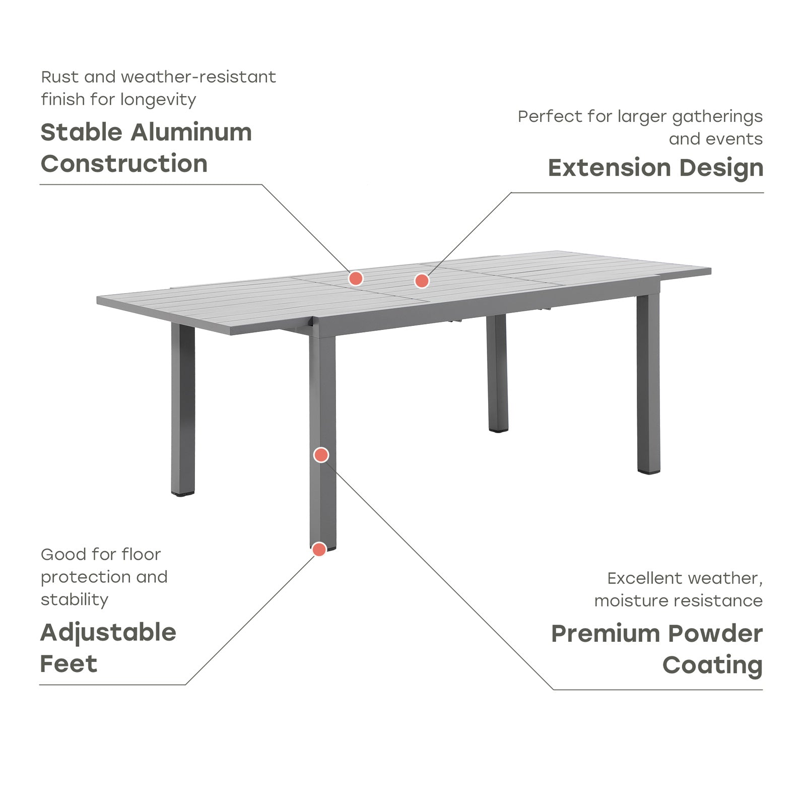 Burano Grey aluminum extendable rectangle dining Table,information- Jardina Furniture