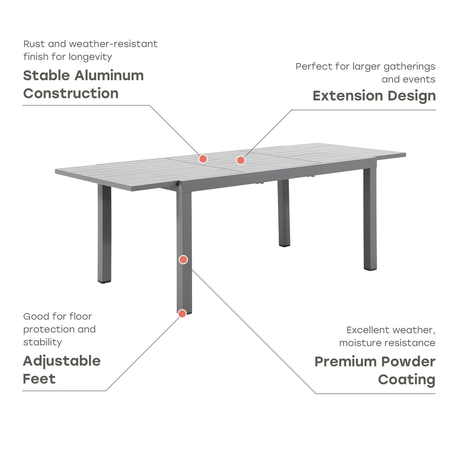 Aluminum frame dining table with extension deisgn, Product Info- Jardina Furniture