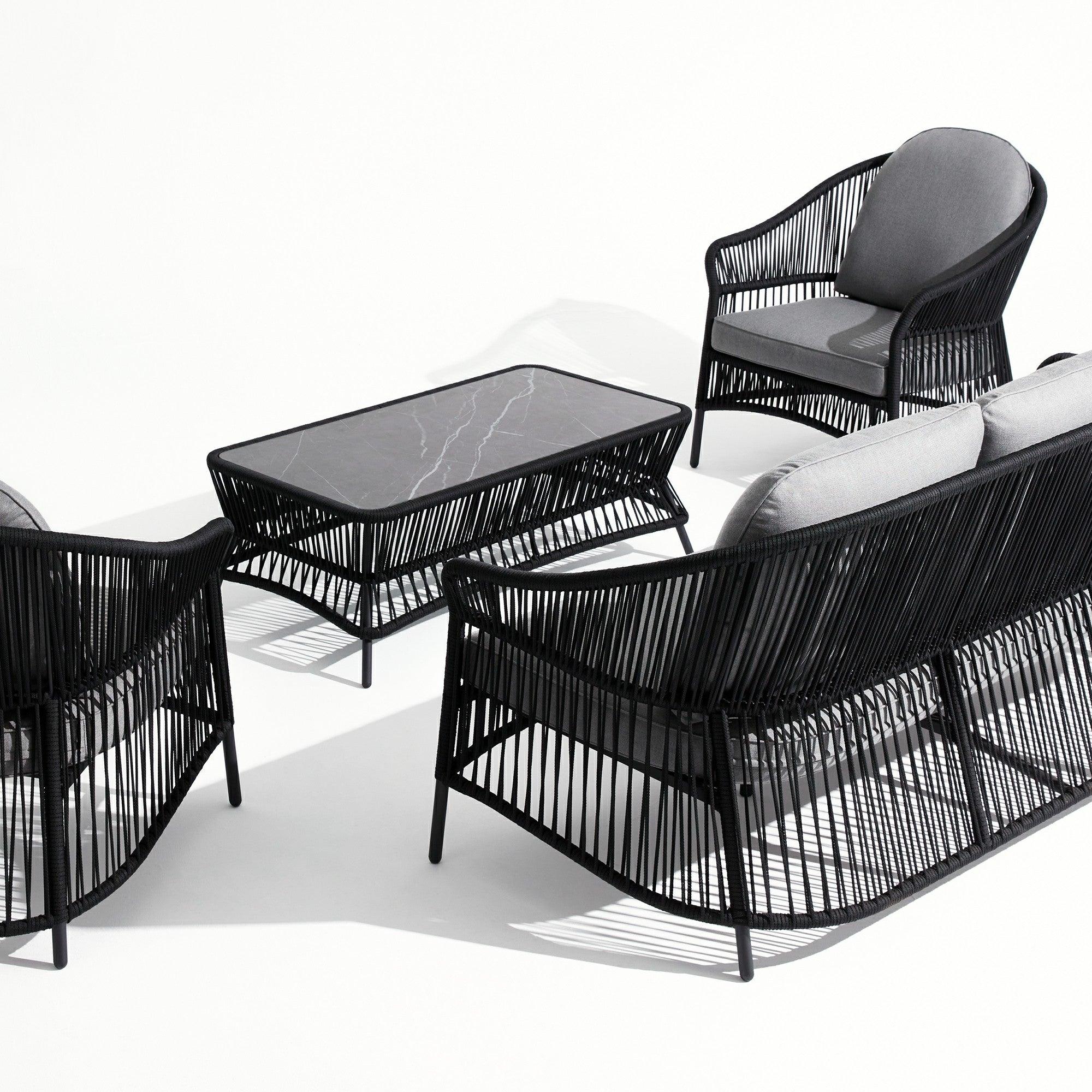 Wonder - Sofa Set，1 3-seater sofa, 2 lounge chairs,1 coffee table,black rope design, grey & Soft cushion,aluminum frame,white background, back view-Sunsitt Signature