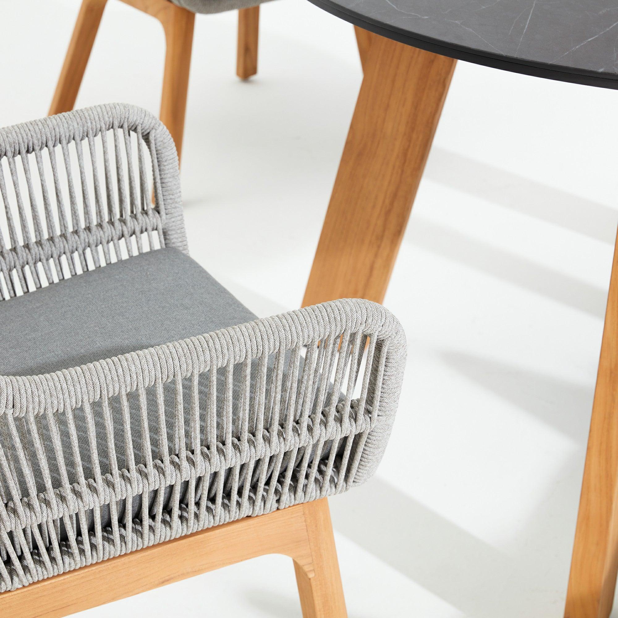 Natural Collection - Coronado Dining Arm Chairs, smooth armrest, classic design, grey rope accent, plush grey cushion, teak legs- Sunsitt Signature