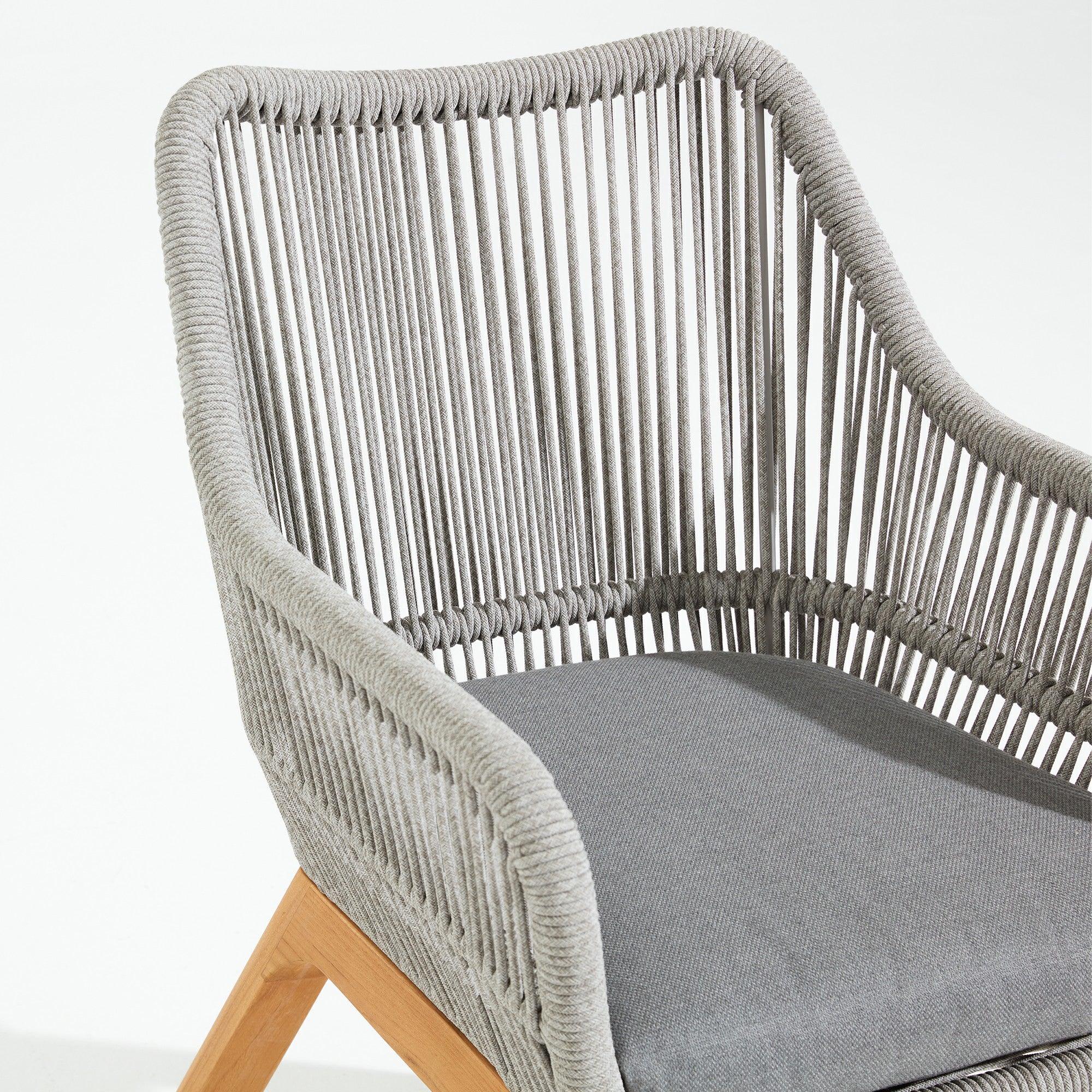 Natural- Coronado Dining Arm Chairs, smooth armrest,classic design, grey rope accent, plush grey cushion, teak legs, smooth armrest-Sunsitt Signature