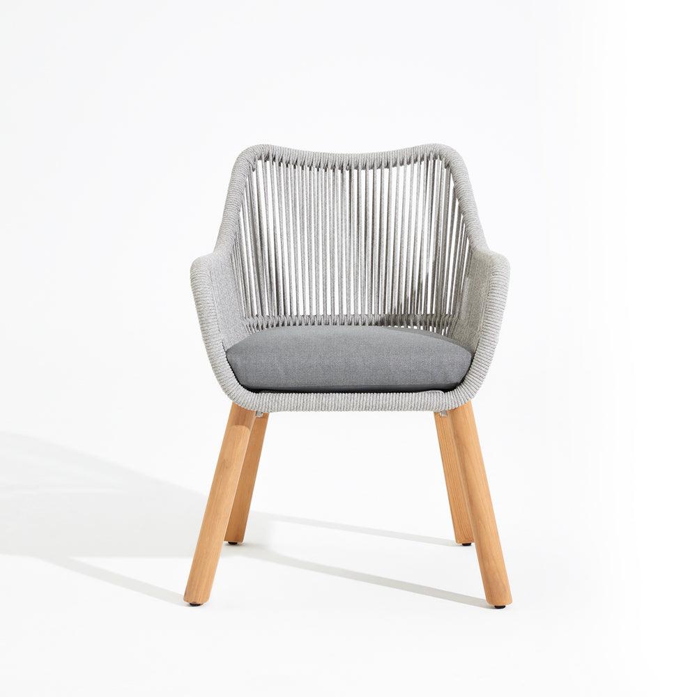 Natural Collection - Coronado Dining Arm Chair, grey rope accent, plush grey cushion, teak legs, front- Sunsitt Signature