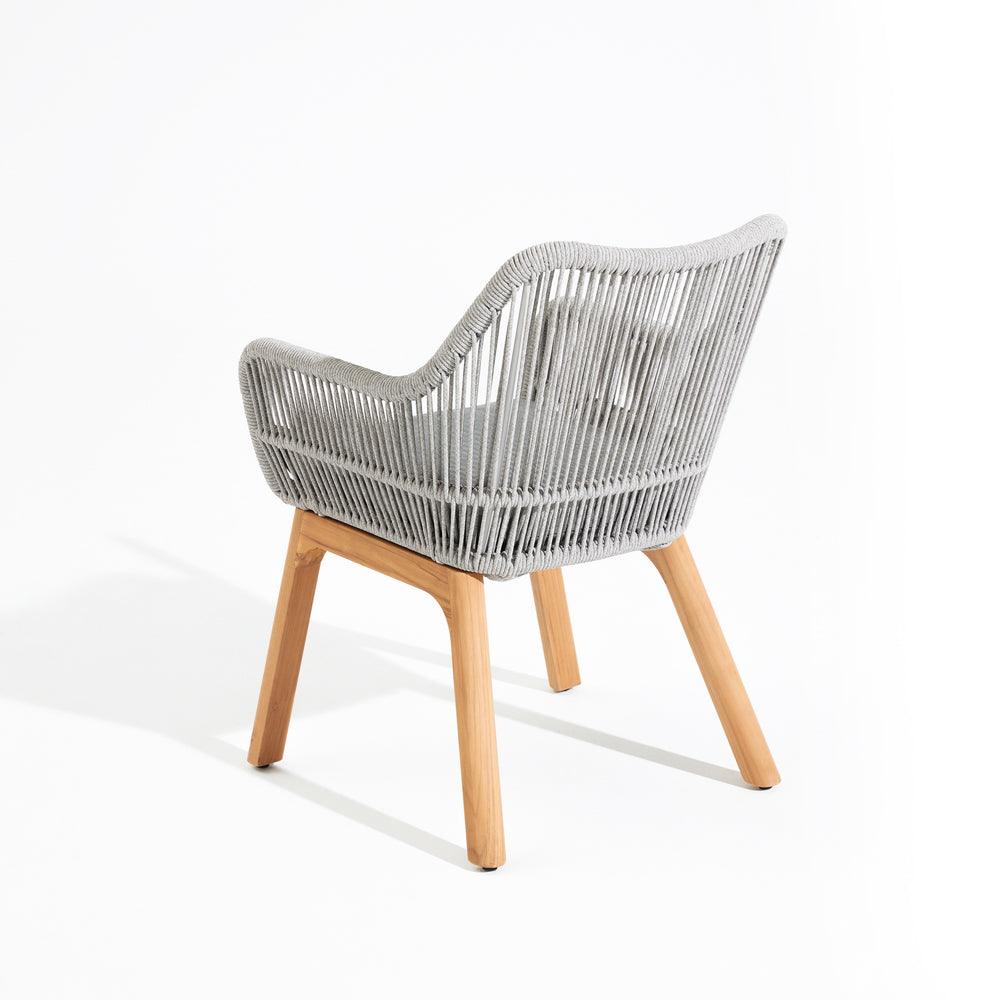 Natural Collection - Coronado Dining Arm Chair, grey rope accent, plush grey cushion, teak legs, back angle- Sunsitt Signature