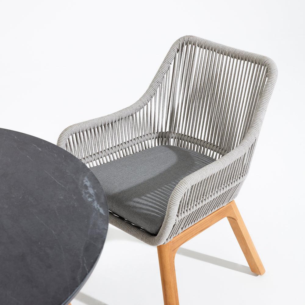 Natural Collection - Coronado Dining Arm Chairs, smooth armrest, classic design, grey rope accent, plush grey cushion, teak legs, round dining table with sintered stone tabletop-Sunsitt Signature