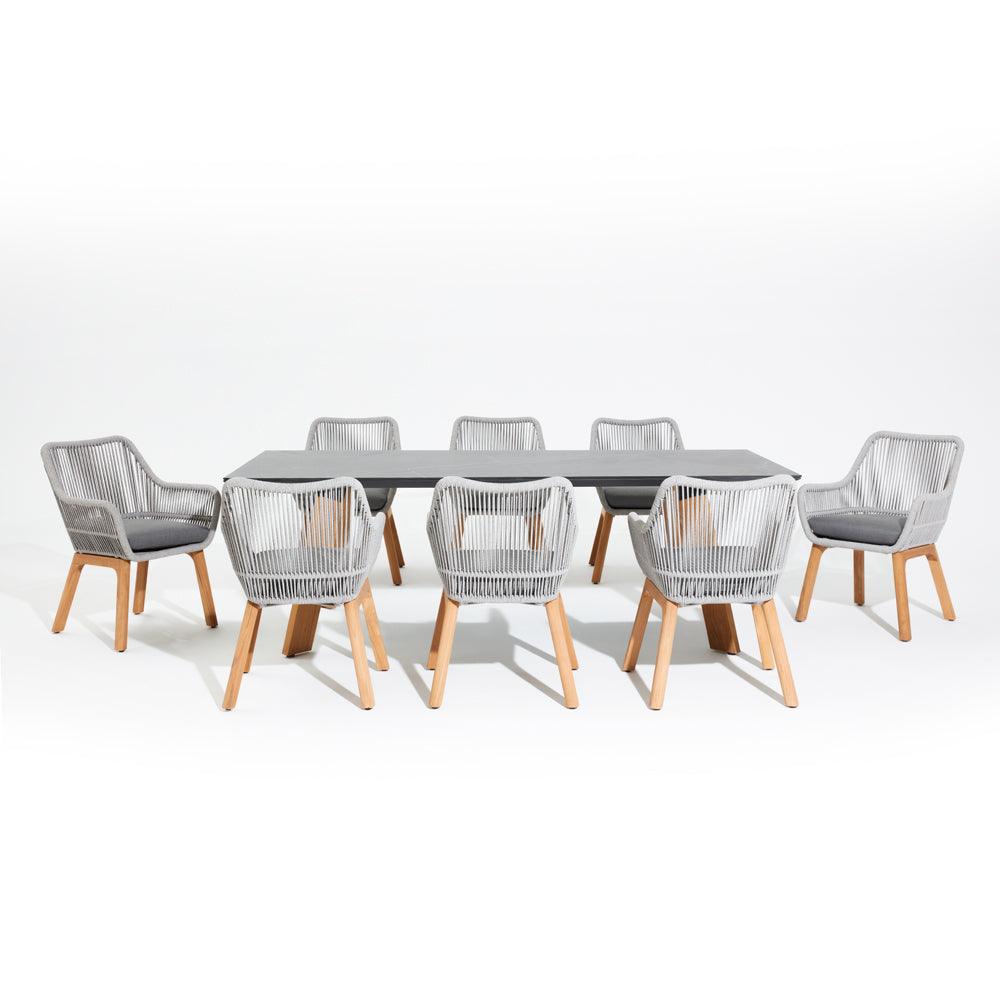Natural - Dining Set For 8 People, 8 chairs, 1 dining table, teak leg, aluminum frame, grey cushions, sintered stone glasstabletop, classic and European design,front view - Sunsitt Signature