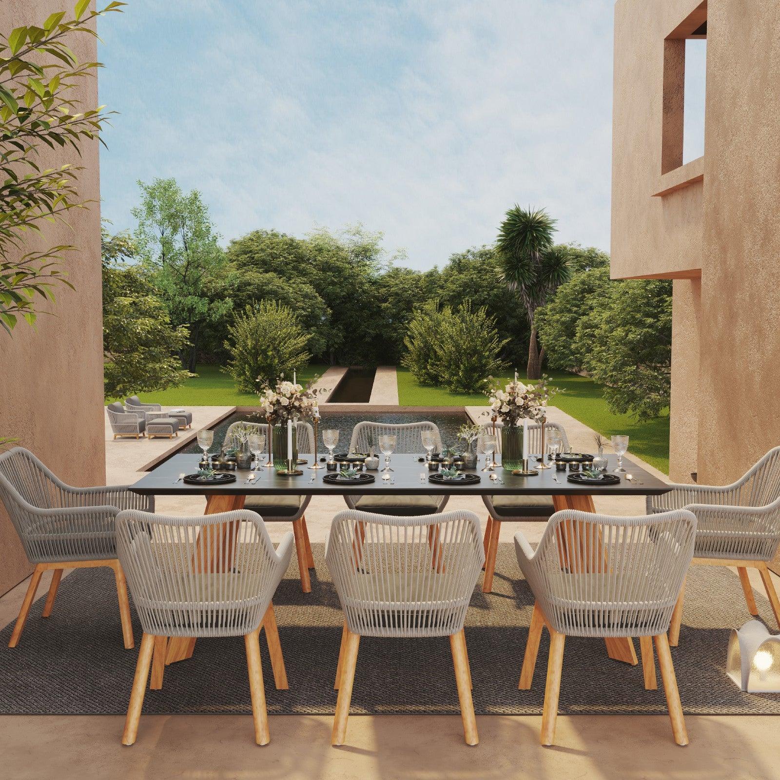 Natural - Dining Set For 8 People, 8 chairs, 1 dining table, teak leg, aluminum frame, grey cushions, sintered stone glasstabletop, classic and European design, in the garden, beside a pool.- Sunsitt Signature