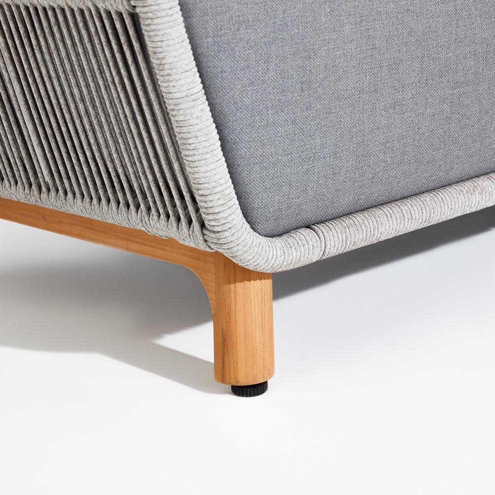 Natural - Marine Layer Loveseat,teak leg, aluminum frame, grey cushions,smooth armrest design, product detail show -Sunsitt Signature