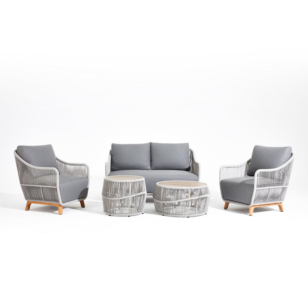  Natural - 5-Piece sofa set, 2 lounge chairs, 1loveset, 2tables, rope accent, grey cushion, teak leg,ceramic glass tabletop -Sunsitt Signature