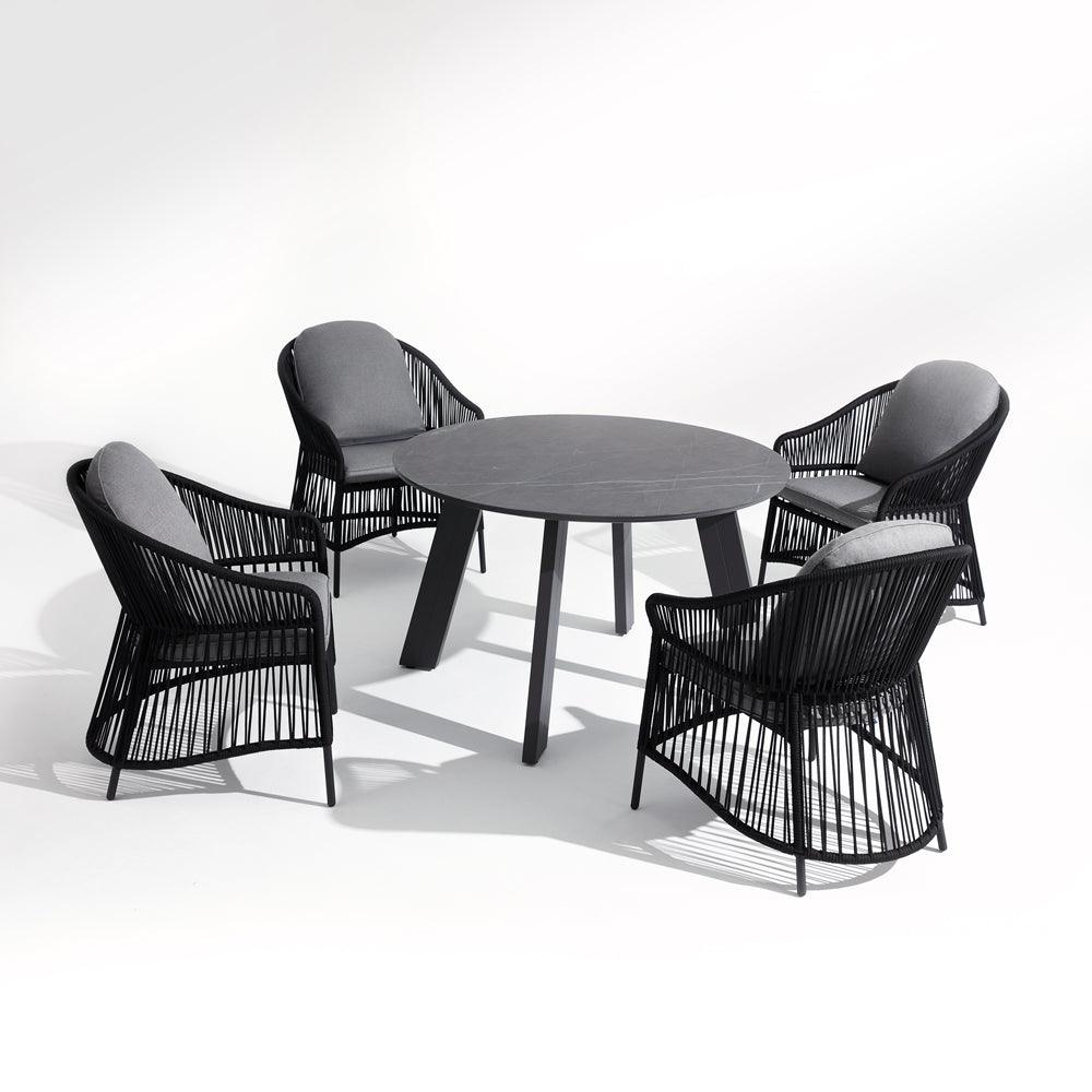  Wonder - Dining Set For 4 People, 4 dining chairs,black rope design, grey & Soft cushion,aluminum frame;1 round table, round dining table with sintered stone tabletop - Sunsitt Signature