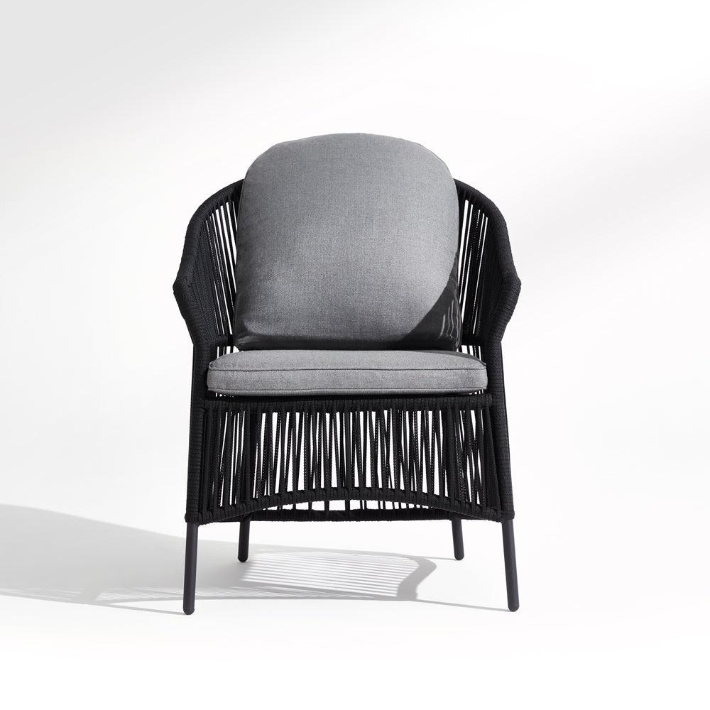 Wonder - Dining Chair, black rope design, grey & Soft cushion,aluminum frame,white background, back angle-Sunsitt Signature