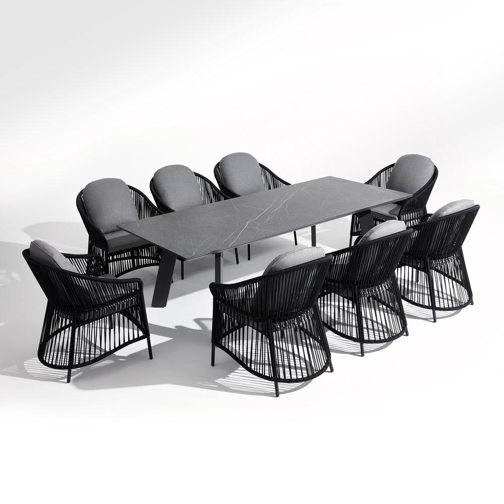 Wonder - Dining Set For 8 People, 8 Dining Chairs, 1 rectangular table, aluminum frame,sintered stone tabletop,front view - Sunsitt