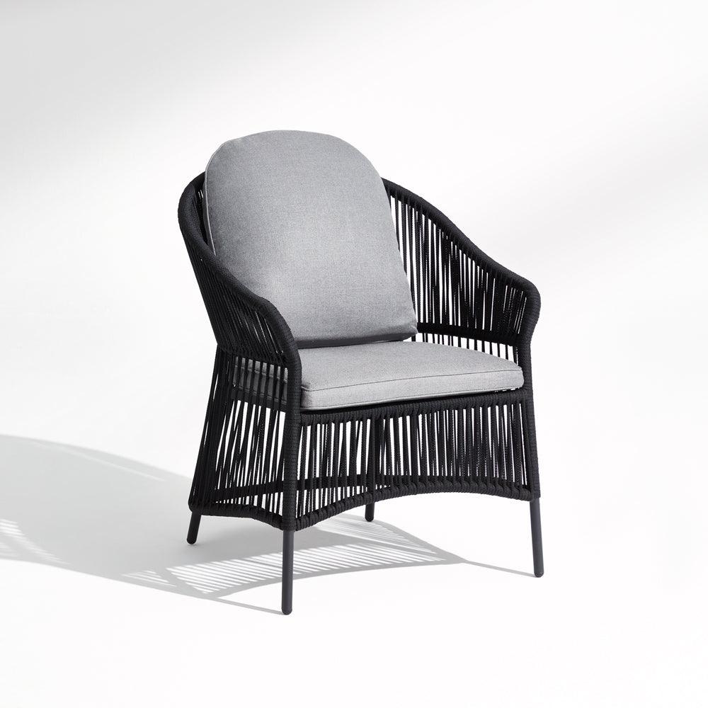 Wonder - Golden Gate Dining Arm Chair, black rope design, grey & Soft cushion,aluminum frame, front view- Sunsitt Signature
