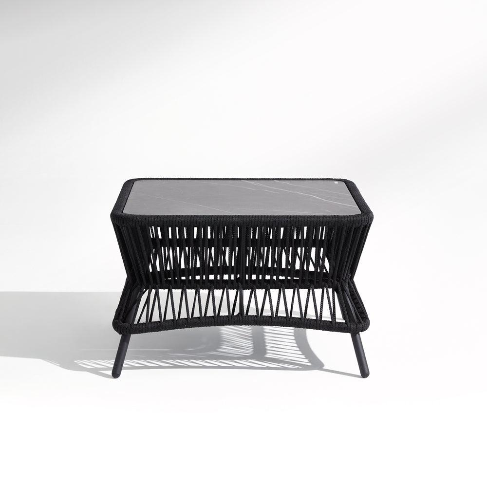 Wonder-coffee table, black rope design, grey finish, aluminum frame, sintered stone table top, front- Sunsitt Signature 