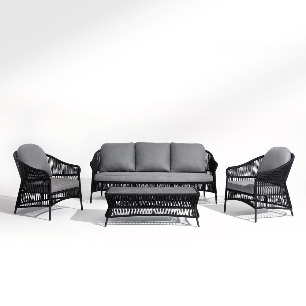 Wonder - Sofa Set，1 3-seater sofa, 2 lounge chairs,1 coffee table,black rope design, grey & Soft cushion,aluminum frame,white background, front view-Sunsitt Signature