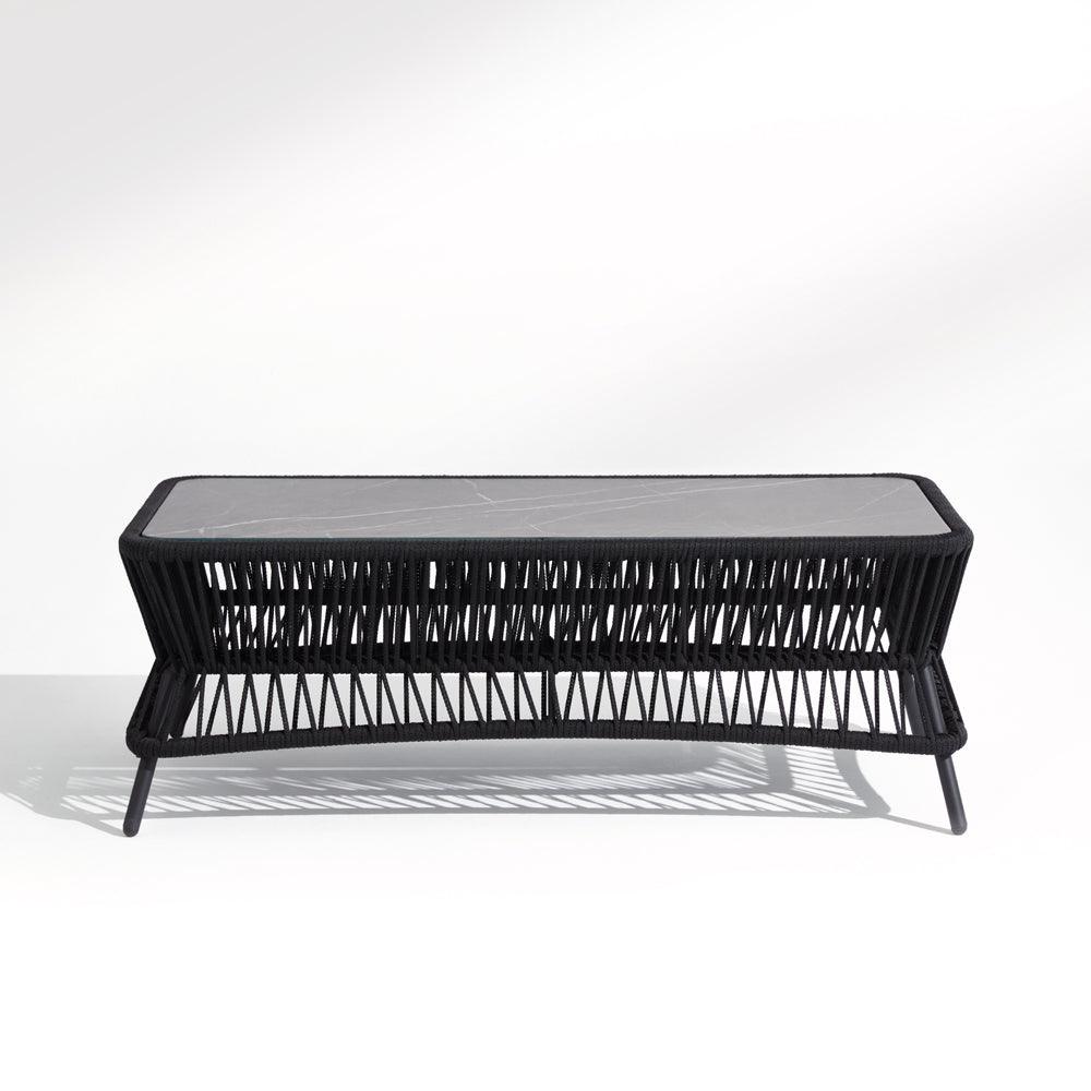 Wonder - coffeetable, black rope design, grey finish, aluminum frame, sintered stone table top, white background, front view-Sunsitt Signature