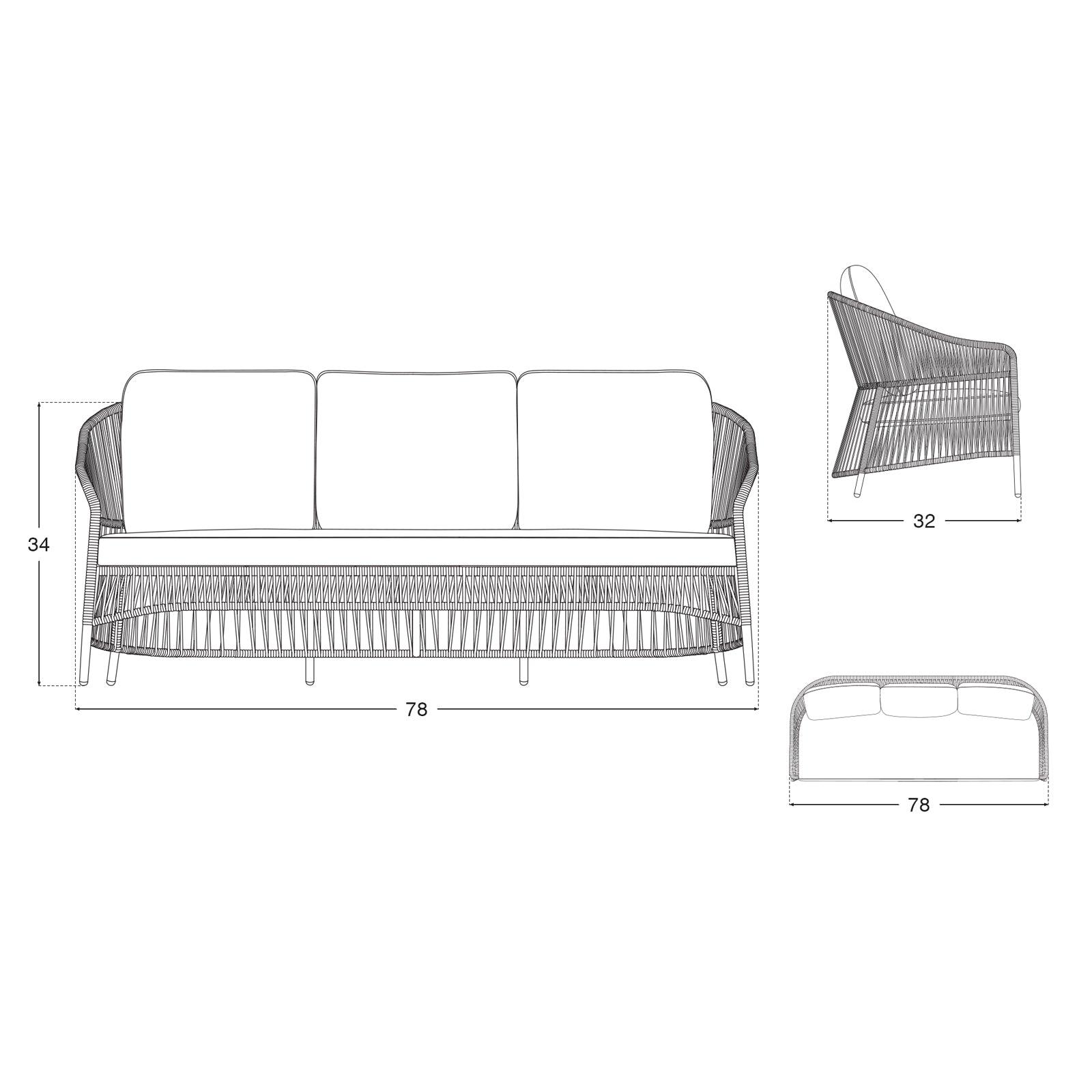 Wonder- Sofa, 3-seater sofa,aluminum & rope design, grey finish,Dimension information- Sunsitt Signature 